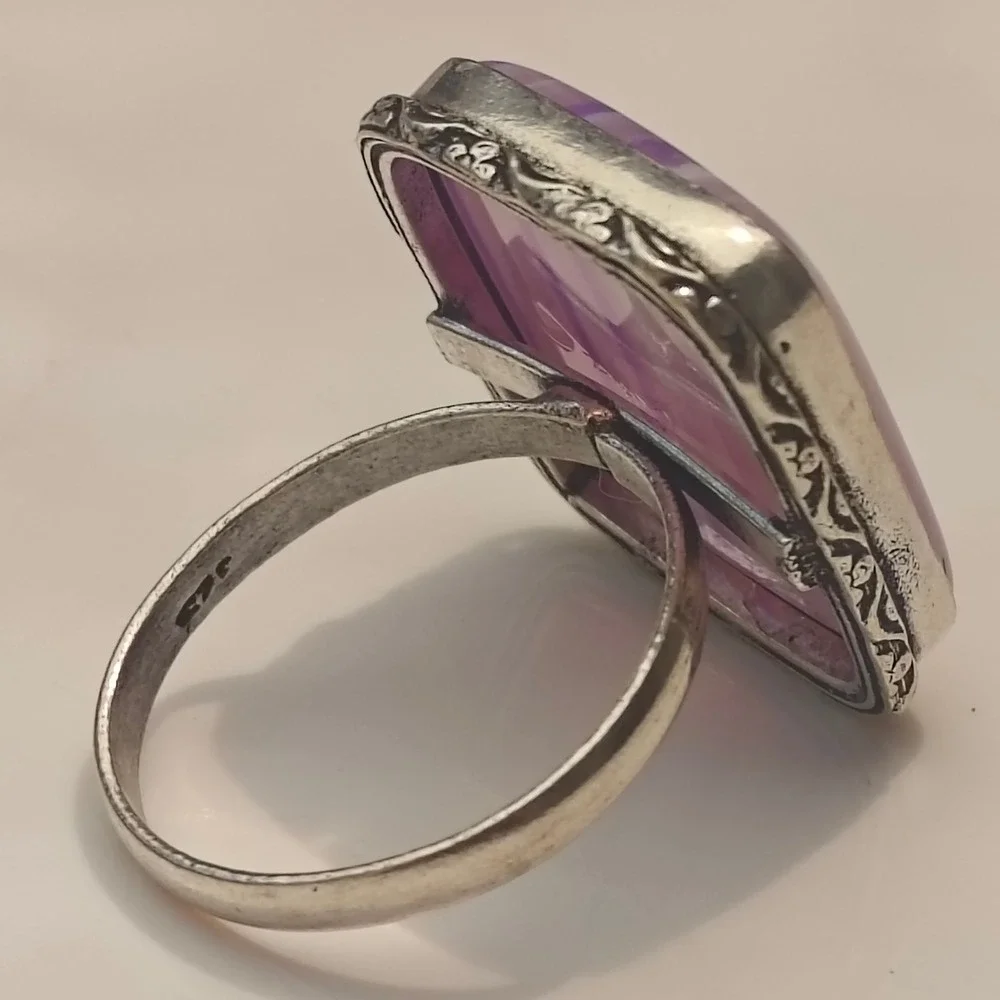 Sterling Silver 925 Purple Banded  Lace Agate Square Statement Ring Size 10.5